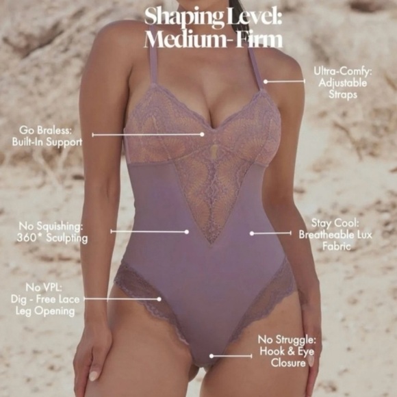 NWT Pinsy Sculpting Lace Shapewear Bodysuit in Lilac Size M - Picture 4 of 6